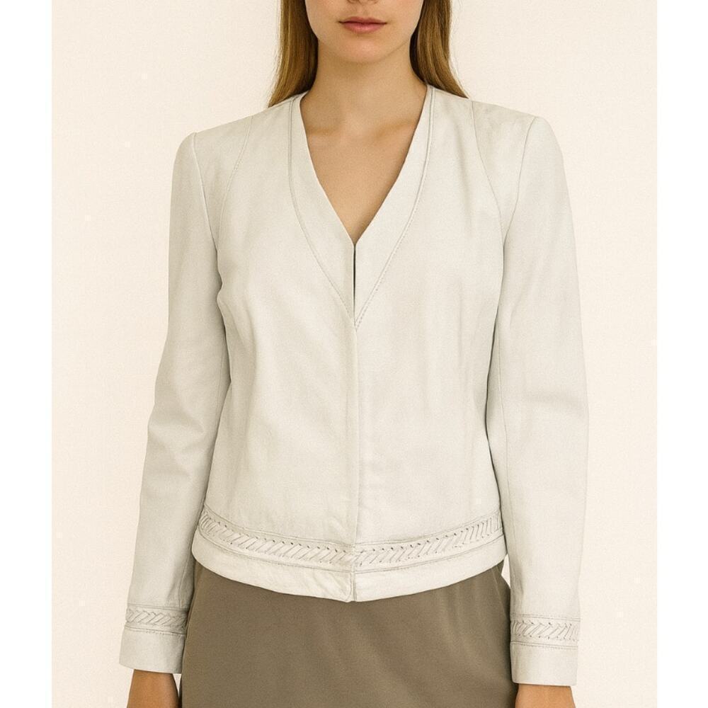 Classiques Entire Women’s white leather jacket, V-neck faux leather blazer SZ M